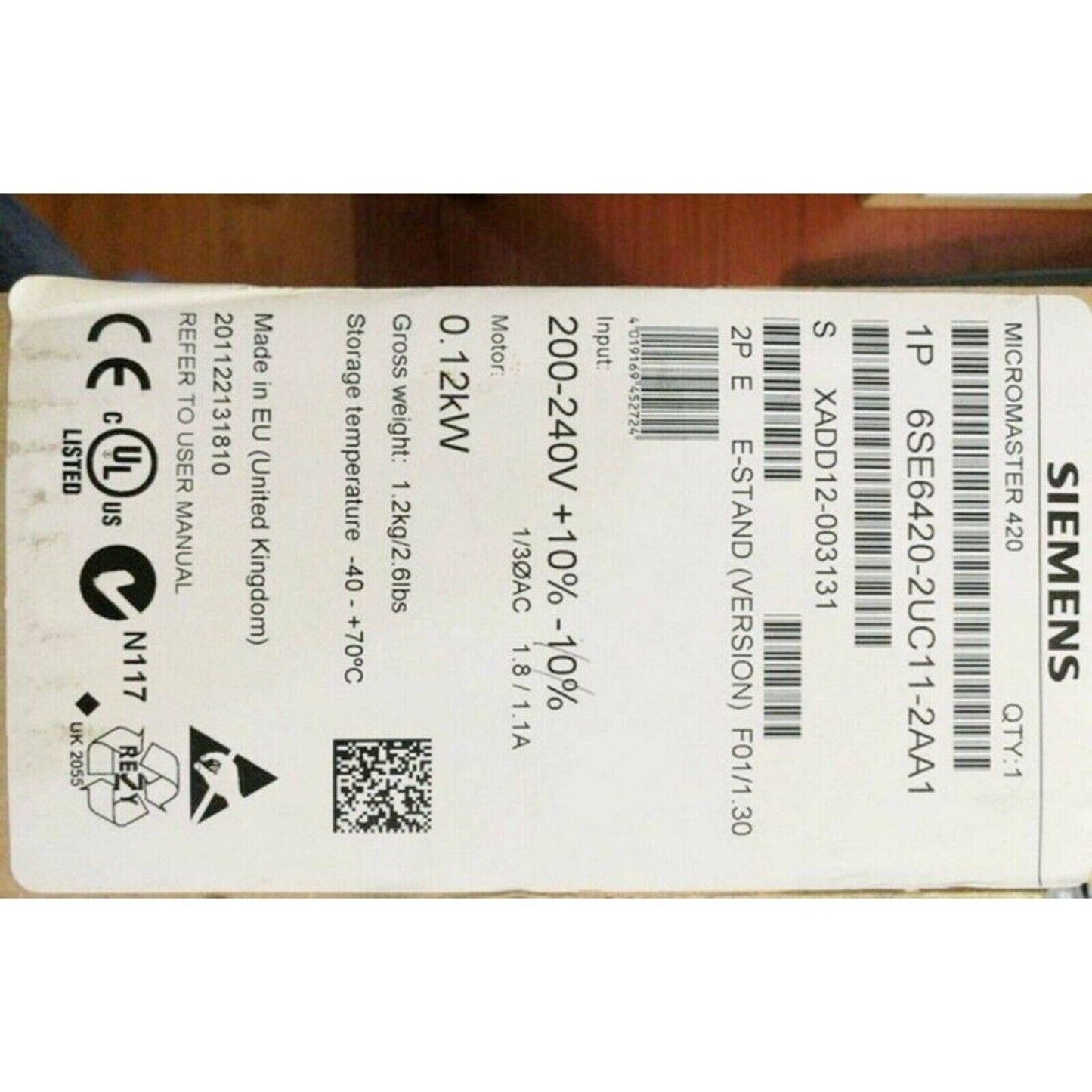 Siemens MICROMASTER 420 drive, model 6SE6420-2UC11-2AA1, industrial automation part, voltage 200-240V.