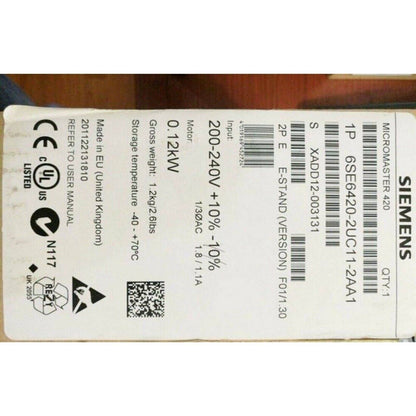 Siemens MICROMASTER 420 drive, model 6SE6420-2UC11-2AA1, industrial automation part, voltage 200-240V.