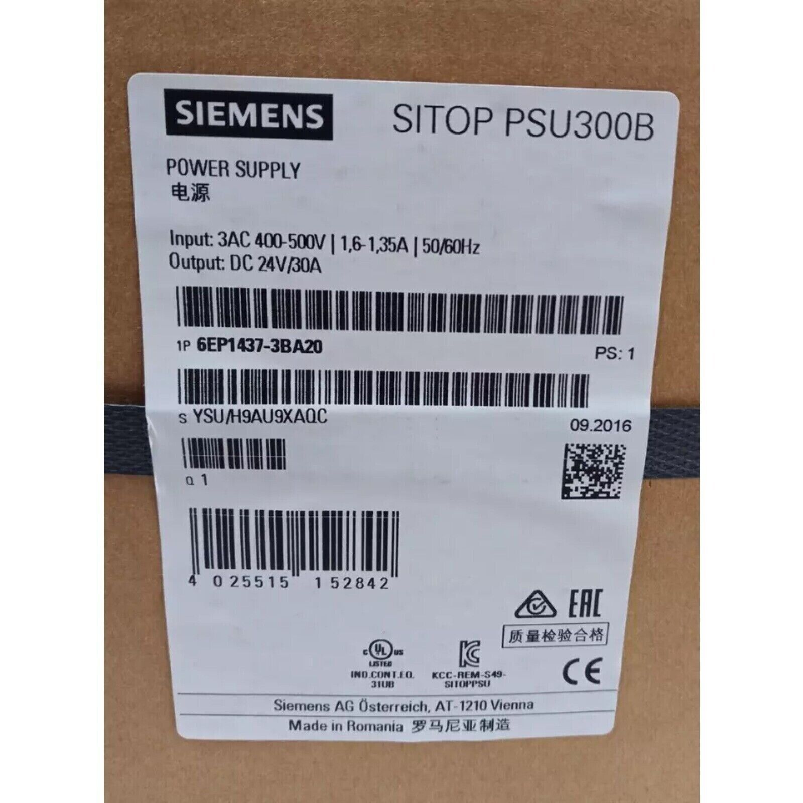 Siemens SITOP PSU300B power supply label. 3AC 400-500V input, DC 24V/30A output. Industrial automation part 6EP1437-3BA20.