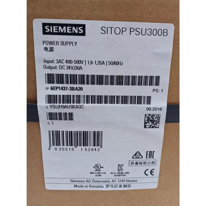 Siemens SITOP PSU300B power supply label. 3AC 400-500V input, DC 24V/30A output. Industrial automation part 6EP1437-3BA20.