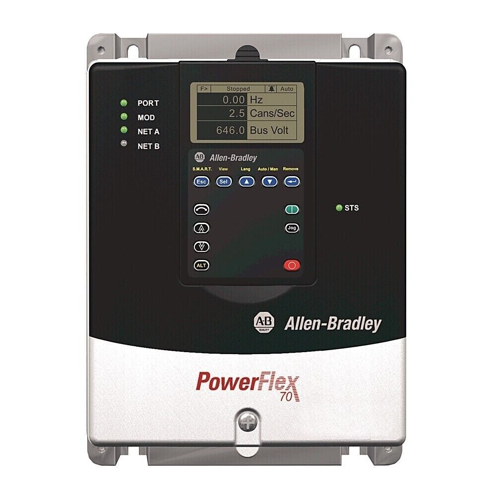 Allen-Bradley PowerFlex 70 AC Drive with display showing 0.00 Hz, 2.5 Cans/Sec, and 646.0 Bus Volt
