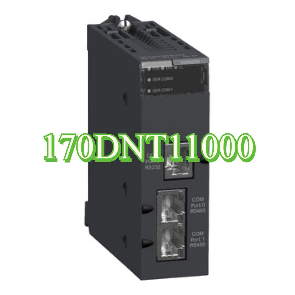Schneider 170DNT11000 PLC Module, black PLC module with RS232 and RS485 ports, COM ports.
