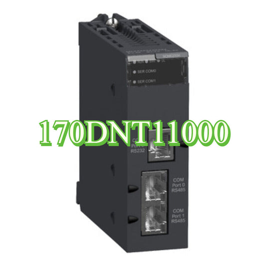 Schneider 170DNT11000 PLC Module, black PLC module with RS232 and RS485 ports, COM ports.