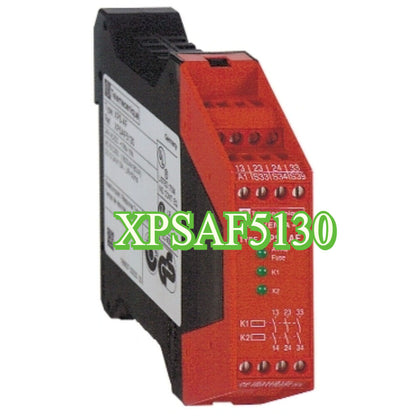 Schneider Electric XPSAF5130 safety relay module, red and black, for emergency stop applications.
