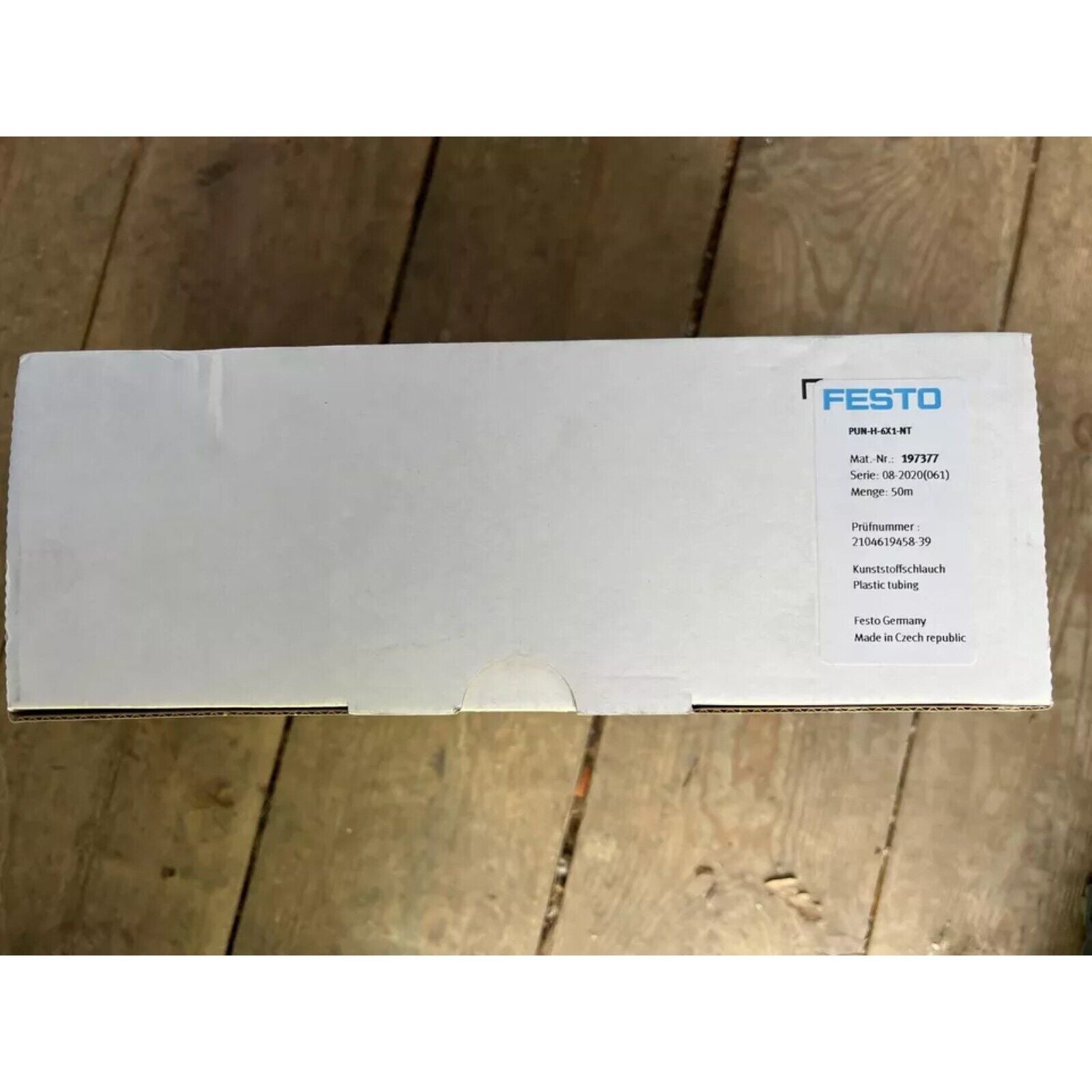 Festo PUN-H-6X1-NT pneumatic tubing product packaging, 50m roll, made in Czech Republic