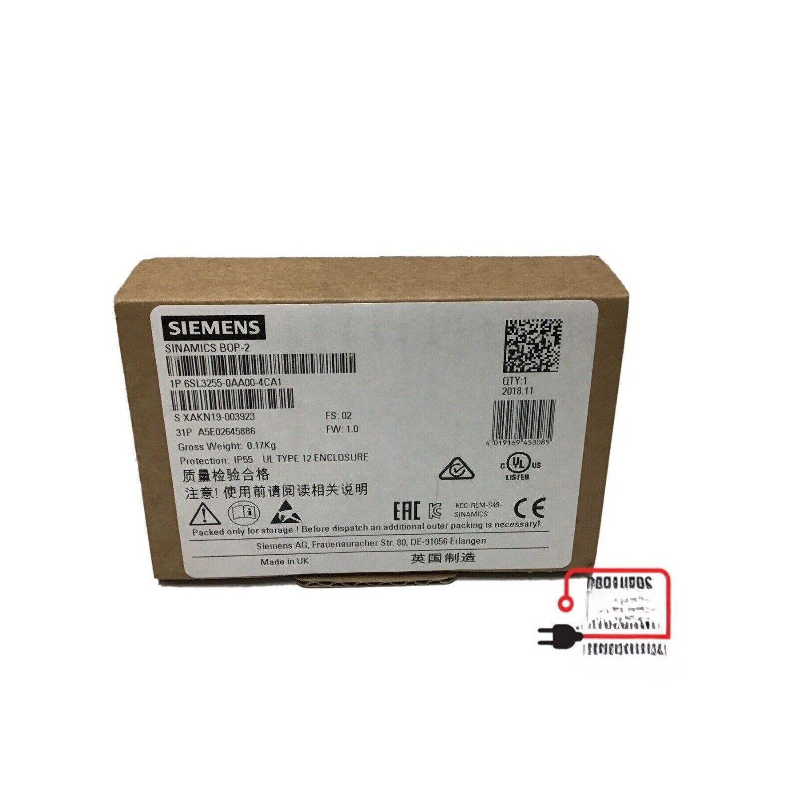 Siemens SINAMICS BOP-2 control unit in packaging, part number 6SL3255-0AA00-4CA1, industrial automation.