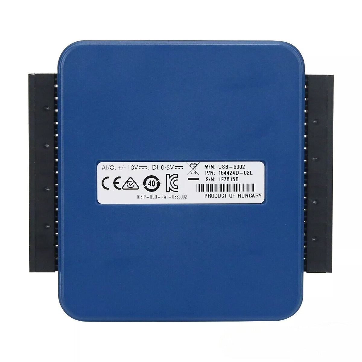 National Instruments USB-6002 Multifunction I/O Device. Blue and black data acquisition module, Product of Hungary.