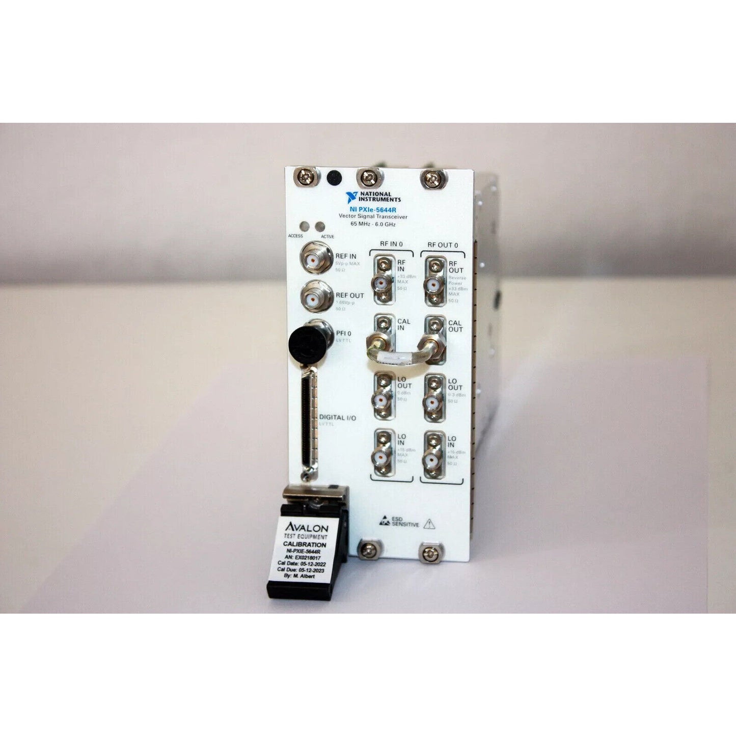 NI PXIe-5644R vector signal transceiver, featuring RF and digital I/O ports, used in industrial automation.