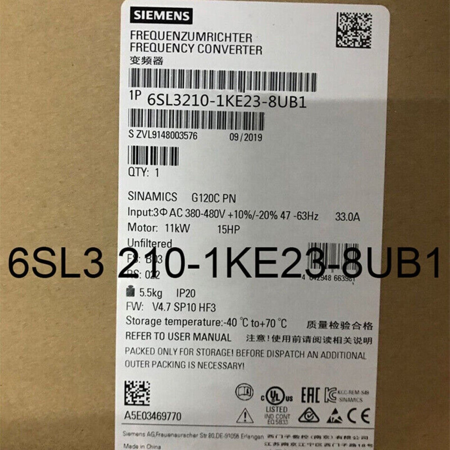 Siemens SINAMICS G120C frequency converter 6SL3210-1KE23-8UB1, industrial automation part label with specifications.