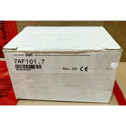 B&R 7AF101.7 Analog Output Module box, white cardboard packaging, CE marking, new condition, expedited shipping.