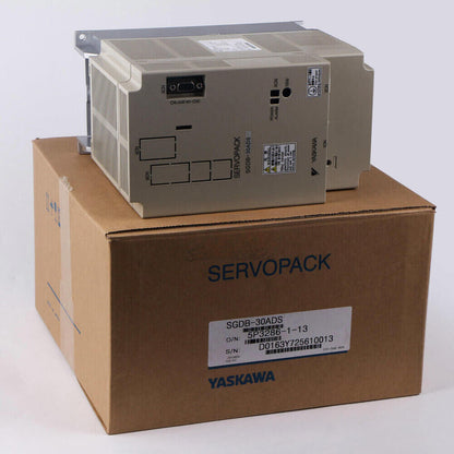 Yaskawa SGDB-30ADS servo drive on box. Industrial automation component, SERVOPACK label visible.