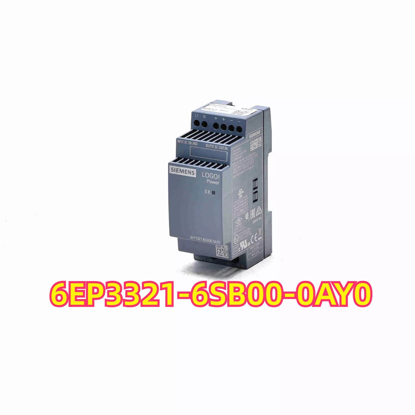Siemens LOGO! Power Stabilized Power Supply 6EP3321-6SB00-0AY0, featuring input AC 100-240V and output DC 12V/1.9A.
