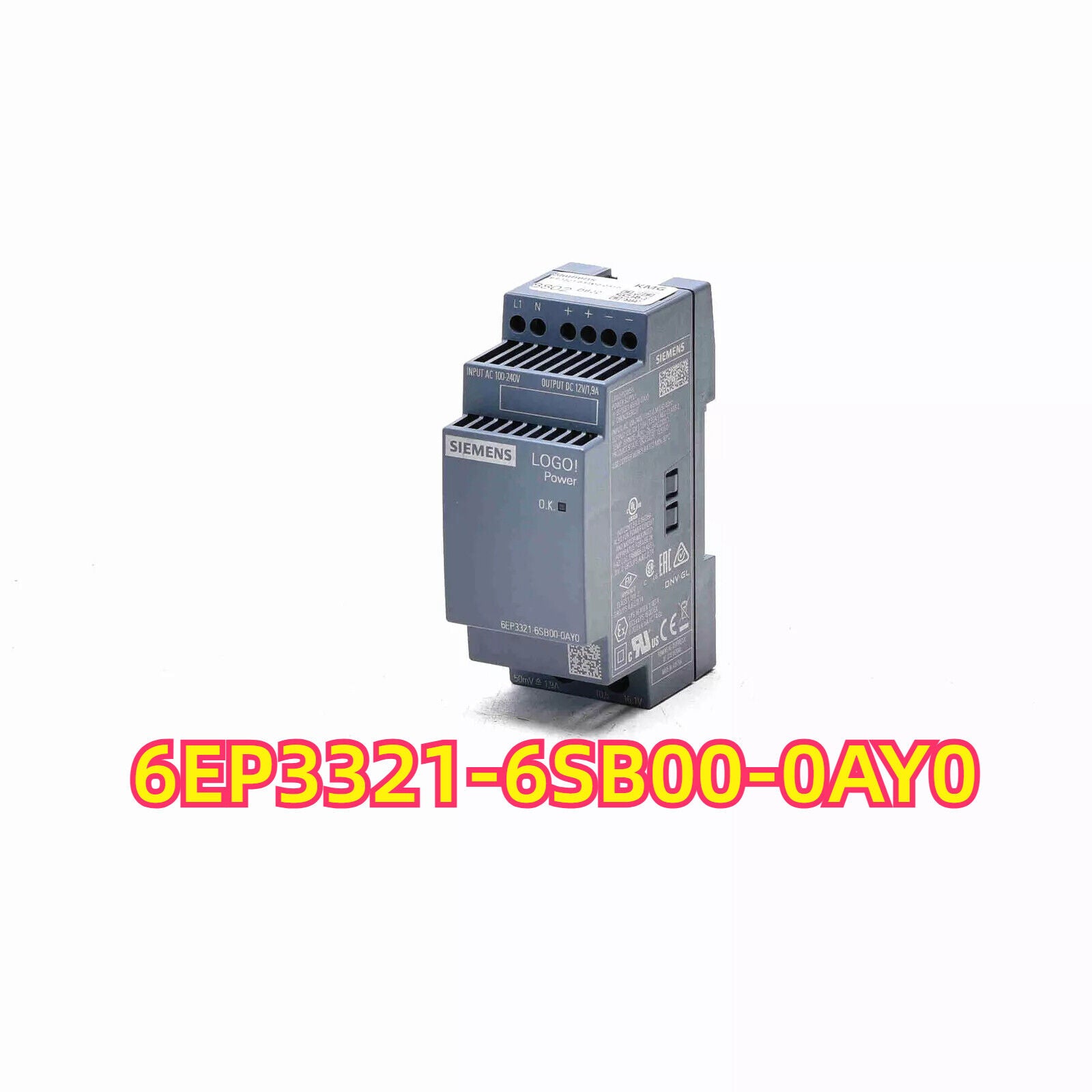 Siemens LOGO! Power Stabilized Power Supply 6EP3321-6SB00-0AY0, featuring input AC 100-240V and output DC 12V/1.9A.