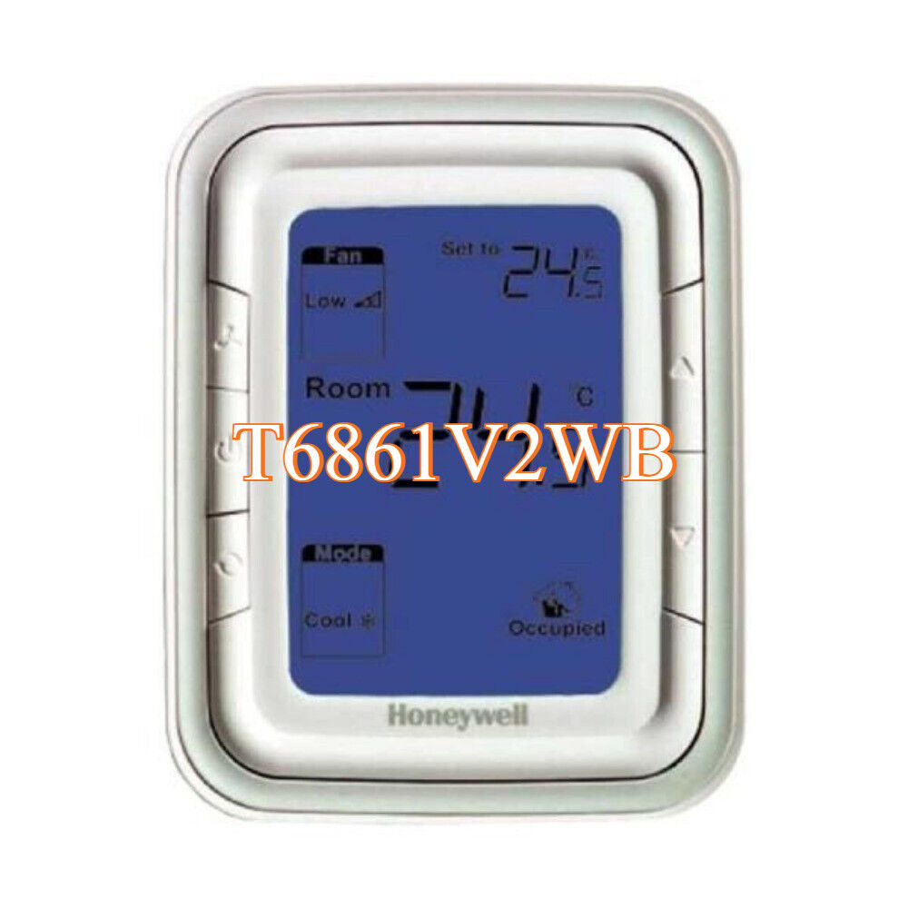 Honeywell T6861V2WB thermostat, room temperature and set temperature display.