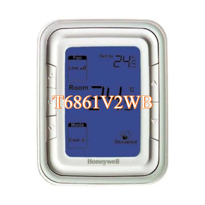 Honeywell T6861V2WB thermostat, room temperature and set temperature display.