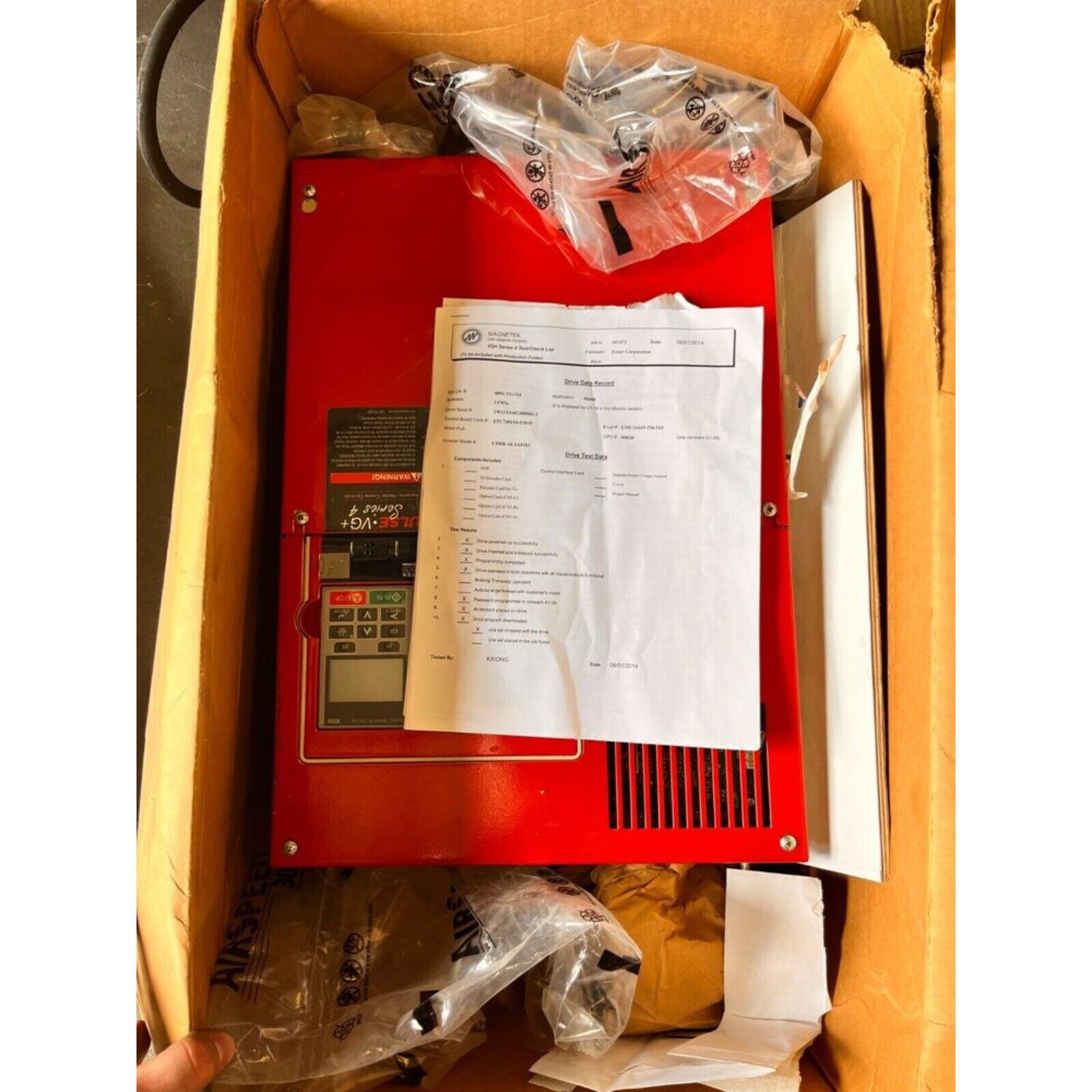 YASKAWA Magnetek VFD inverter inside the box, CIMR-AU4A0103AAA, with Drive Data Record and testing report.