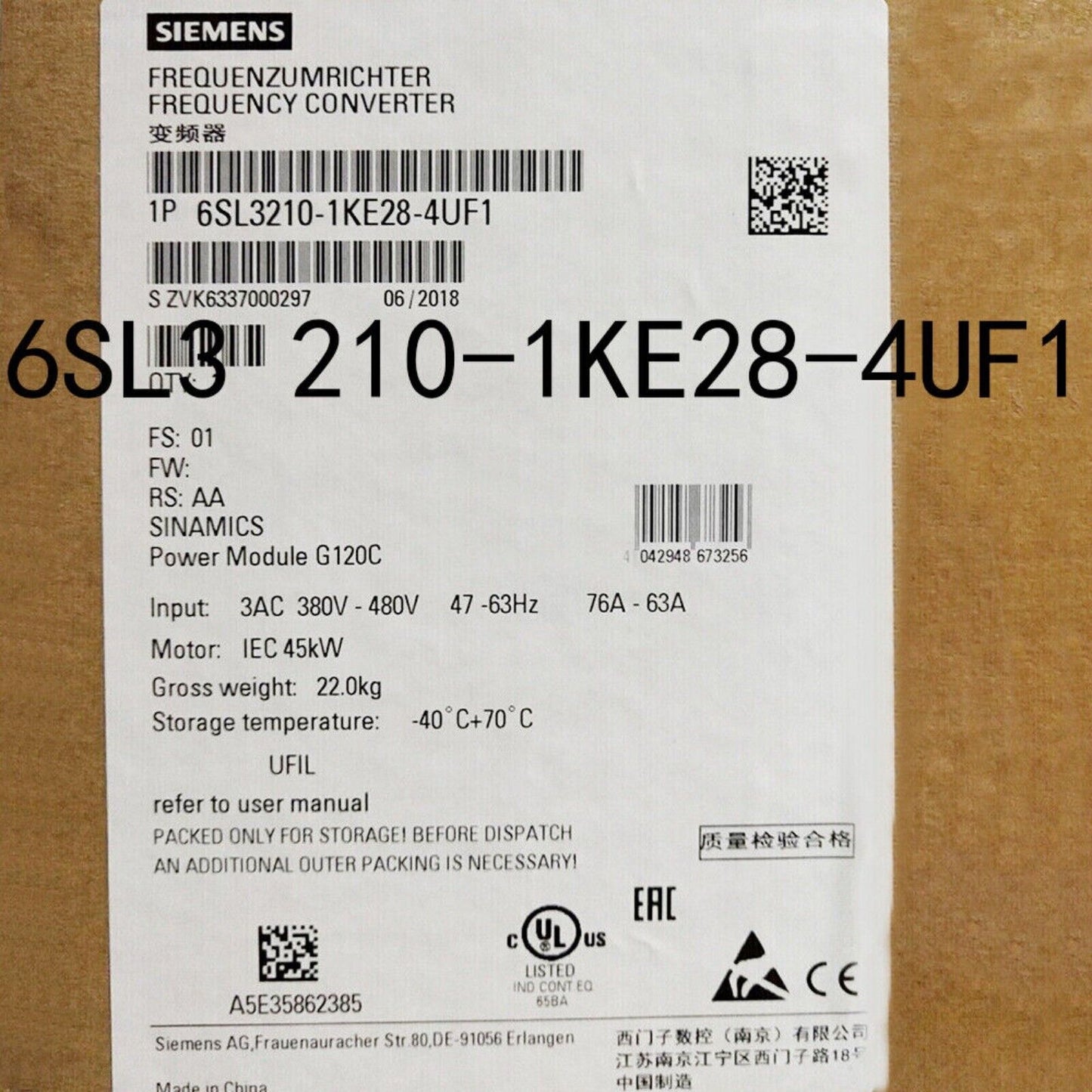 Siemens SINAMICS G120C Frequency Converter, 6SL3210-1KE28-4UF1 PLC Module, Industrial Automation Part