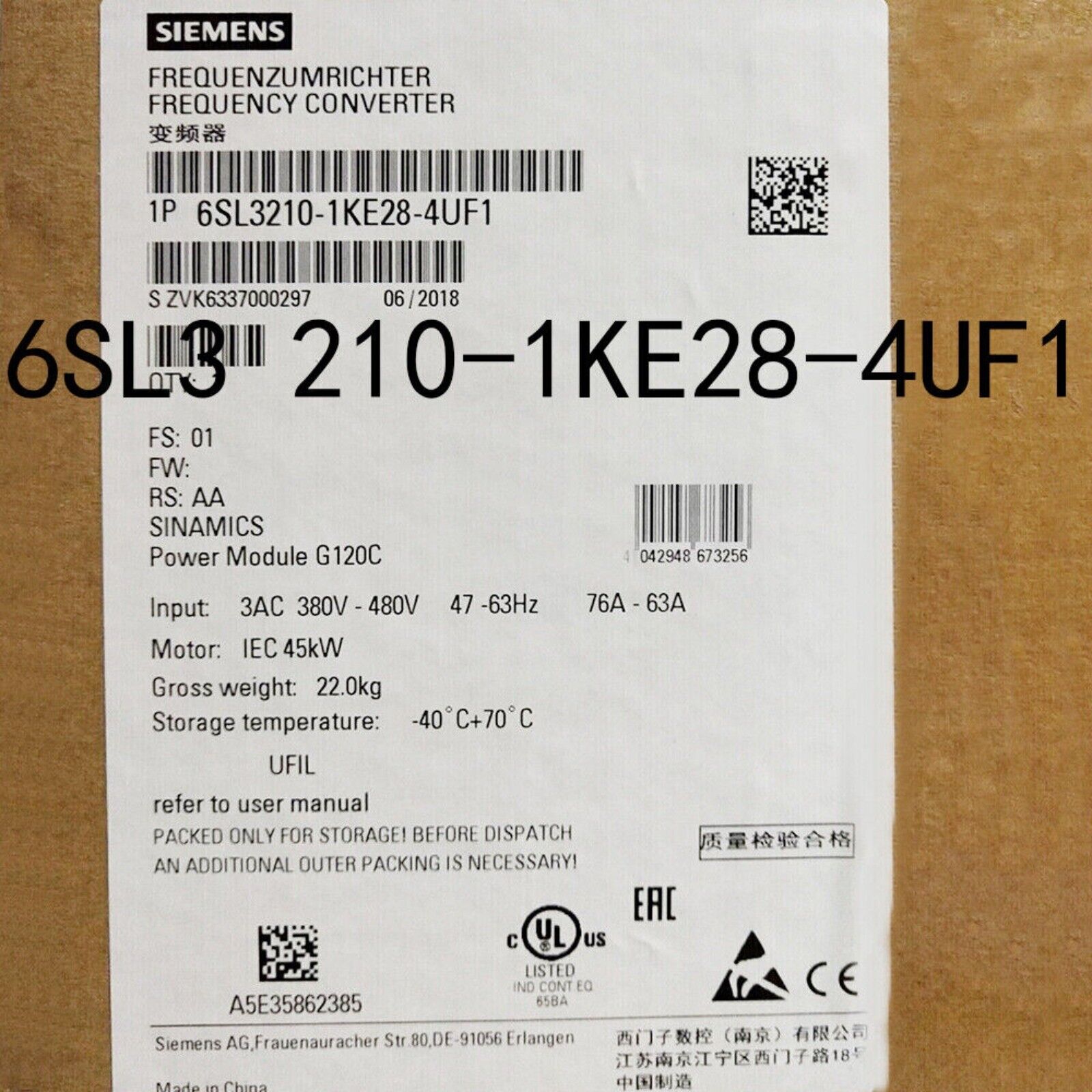 Siemens SINAMICS G120C Frequency Converter, 6SL3210-1KE28-4UF1 PLC Module, Industrial Automation Part