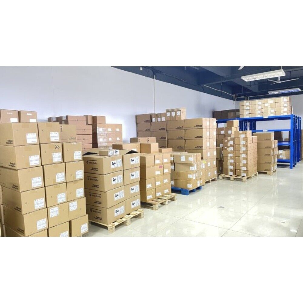 Warehouse storage of PLC modules, Schneider Electric, Allen-Bradley and more industrial automation parts.
