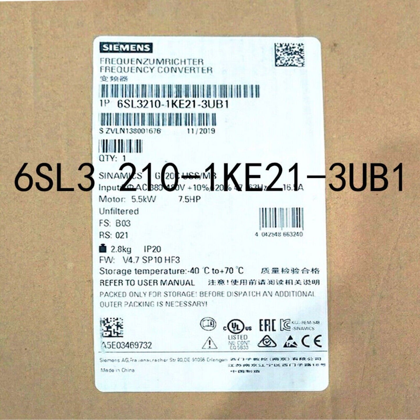 PLC | Siemens | 6SL3 210-1KE21-3UB1 6SL3210-1KE21-3UB1 SINAMICS G120C Rated Power