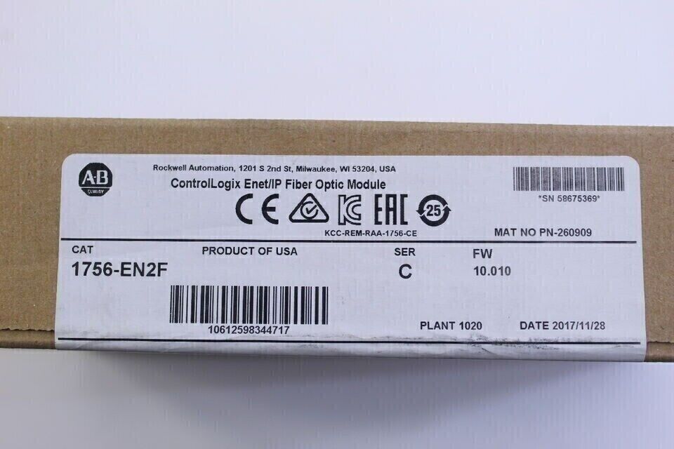 Allen-Bradley 1756-EN2F ControlLogix Ethernet/IP Fiber Optic Module packaging, showing product details and specifications.