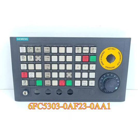 Siemens 6FC5303-0AF23-0AA1 Control Panel MCP 310C PN - Black panel with function buttons and emergency stop.