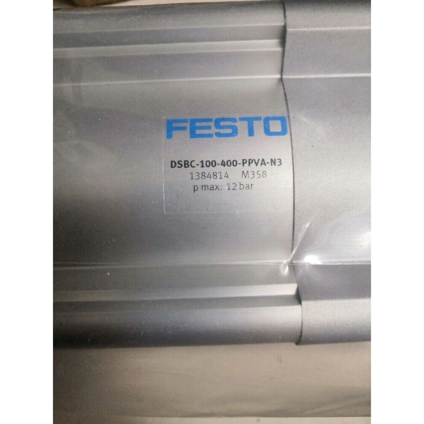 Festo DSBC-100-400-PPVA-N3 pneumatic cylinder, product shot, silver body, blue text with model number and specifications.