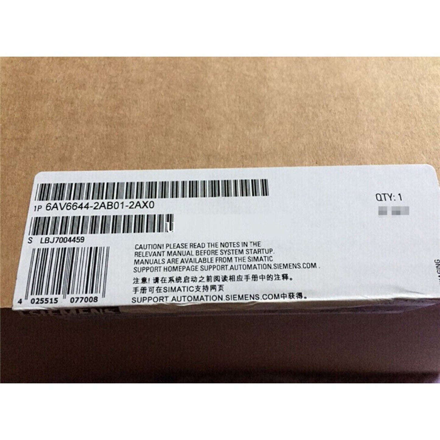 Siemens 6AV6644-2AB01-2AX0 product box with caution notes and barcode for SIMATIC HMI panels, PLC parts