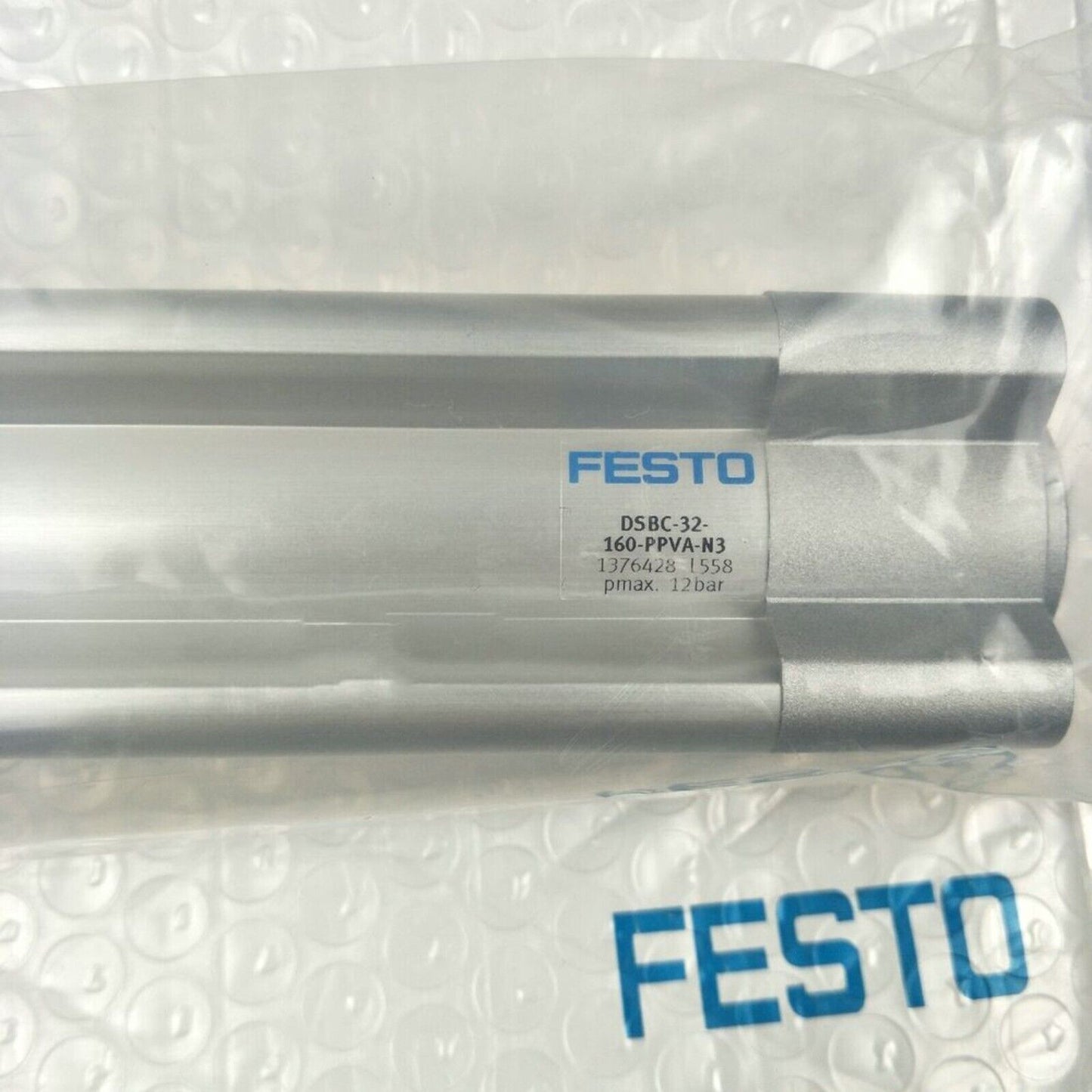 Festo DSBC-32-160-PPVA-N3 ISO cylinder, product shot, aluminum housing, pneumatic cylinder
