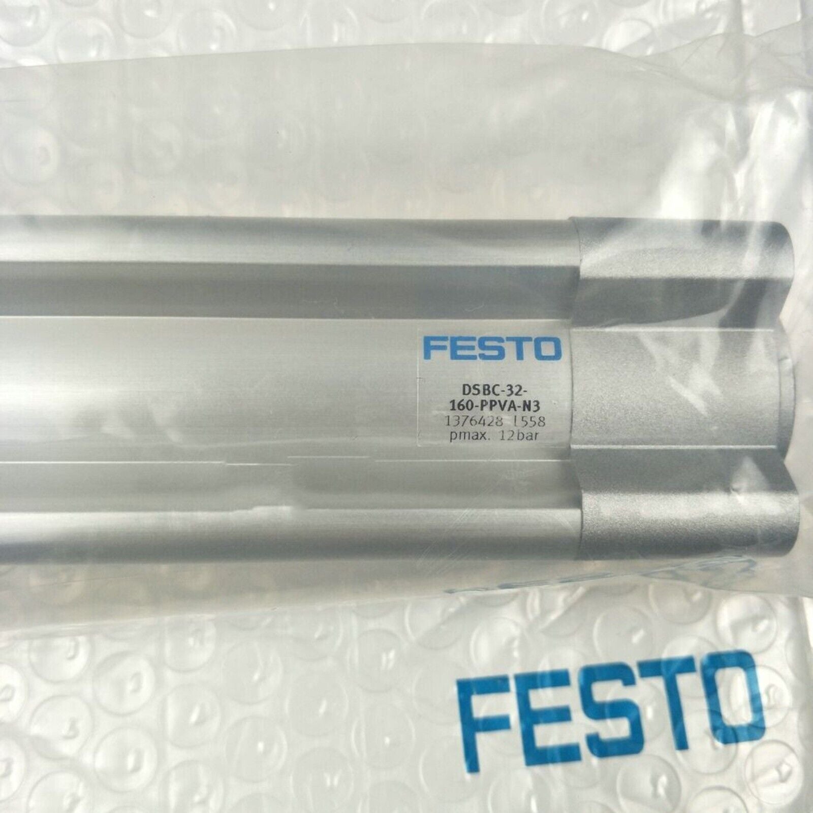 Festo DSBC-32-160-PPVA-N3 ISO cylinder, product shot, aluminum housing, pneumatic cylinder