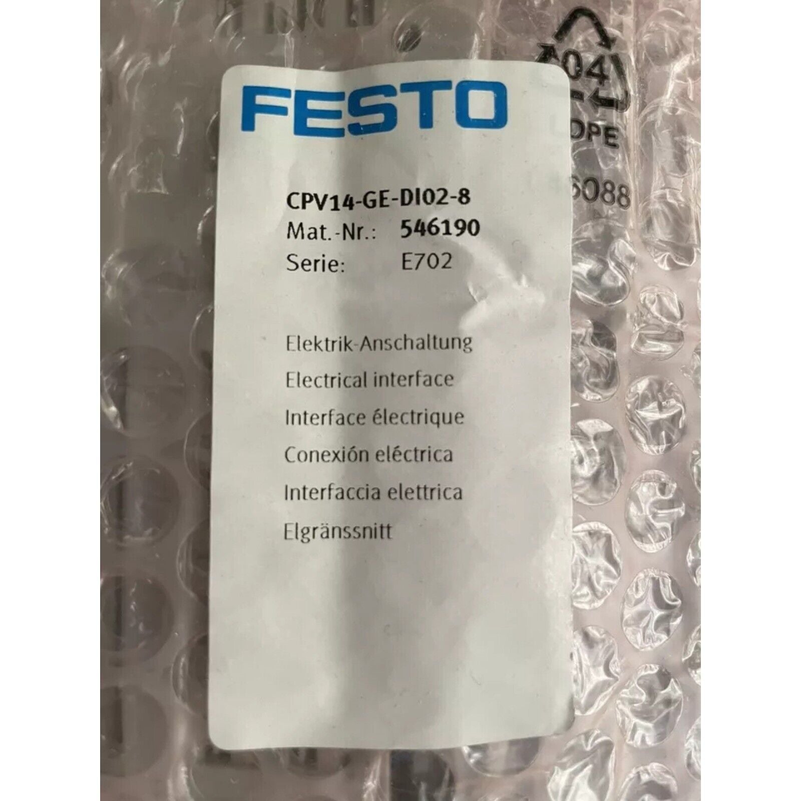 Festo CPV14-GE-DI02-8 Electrical Interface Controller in Bubble Wrap Packaging
