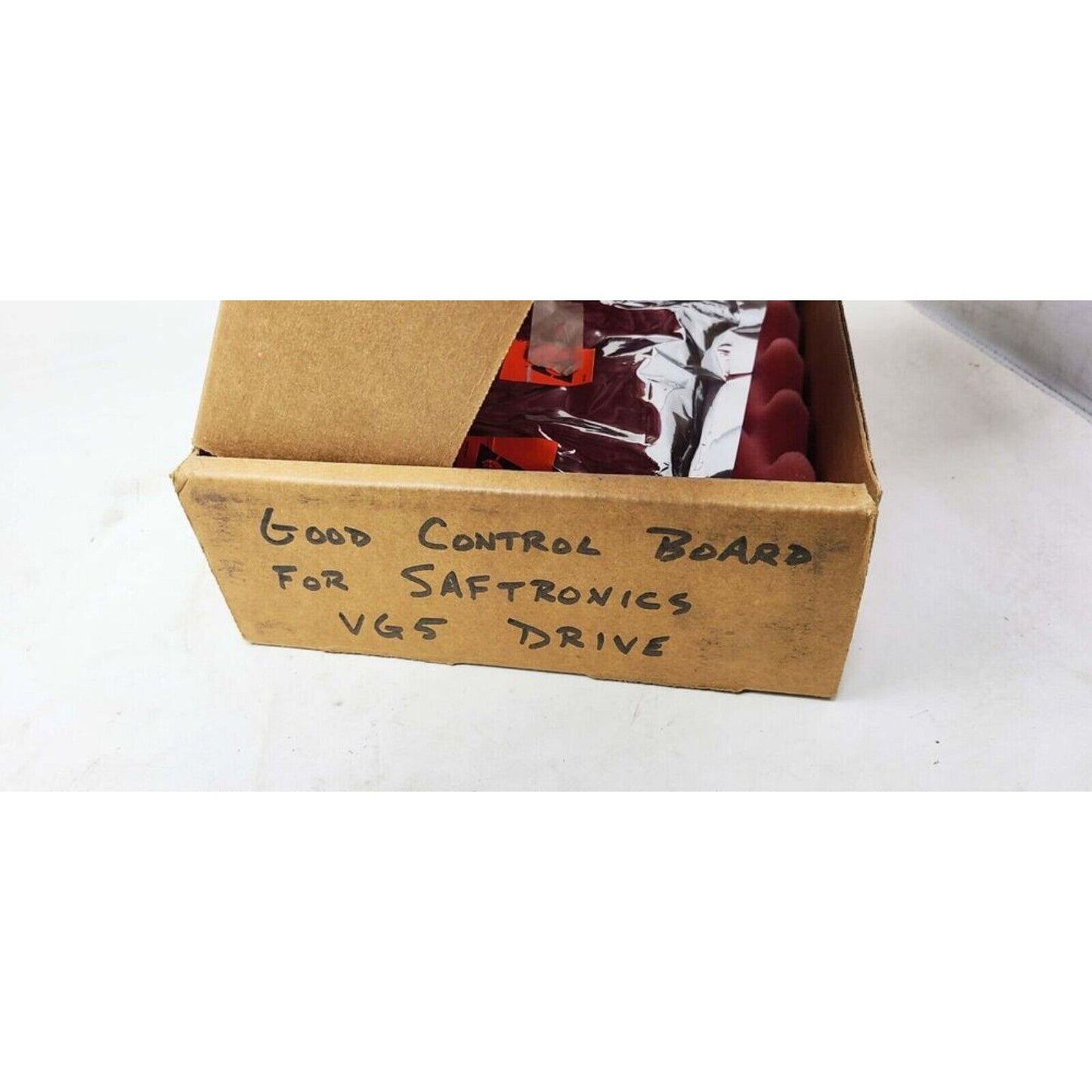 Good control board for Saftronics VG5 drive, inside a cardboard box. Industrial automation parts.