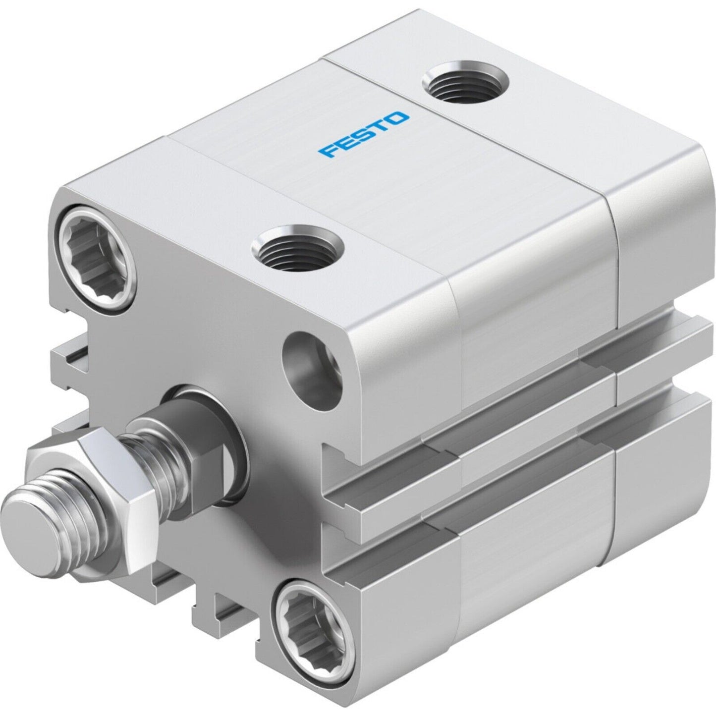 FESTO ADN-32-10-A-P-A Cylinder. Silver pneumatic cylinder with visible hex bolts and screw threads.