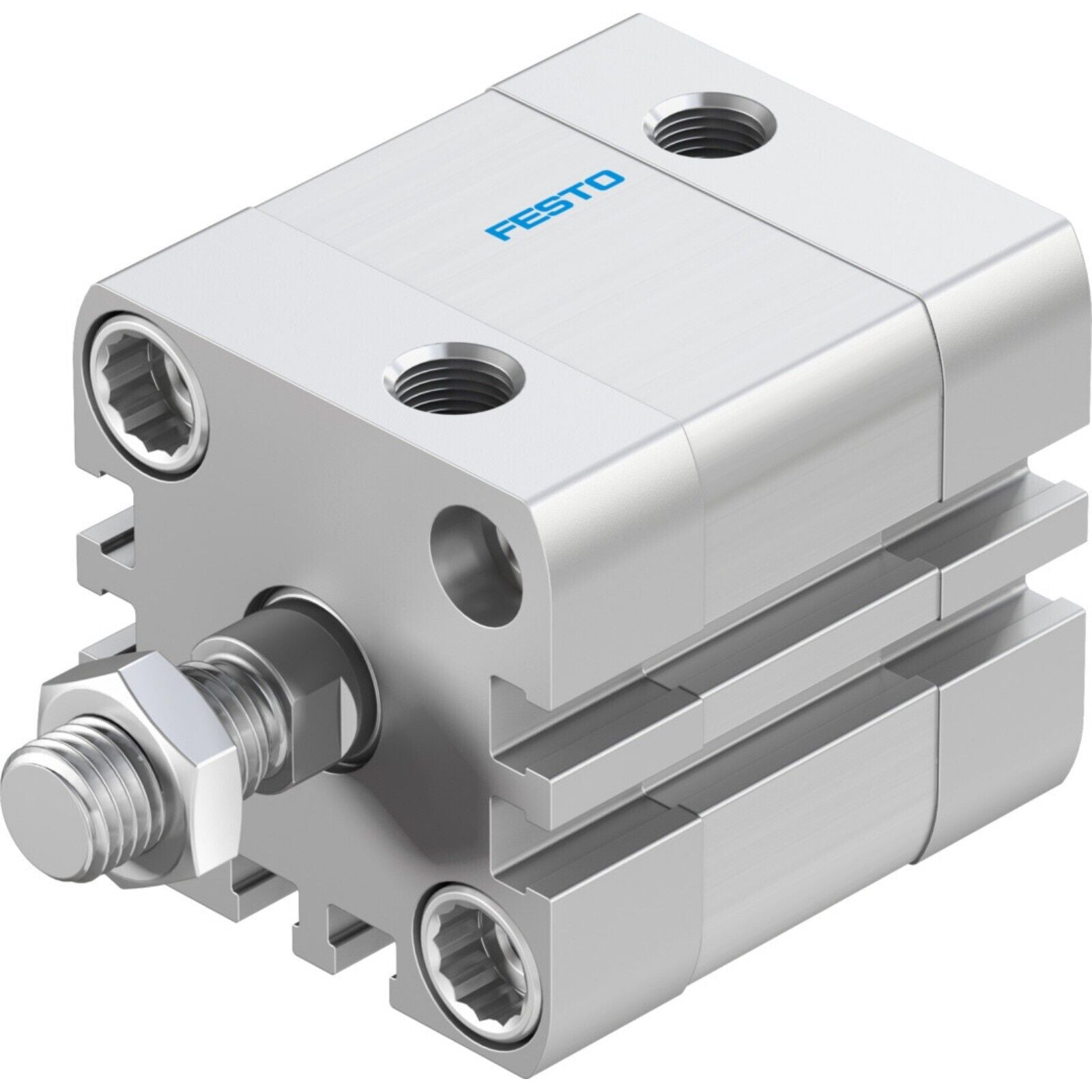 FESTO ADN-32-10-A-P-A Cylinder. Silver pneumatic cylinder with visible hex bolts and screw threads.