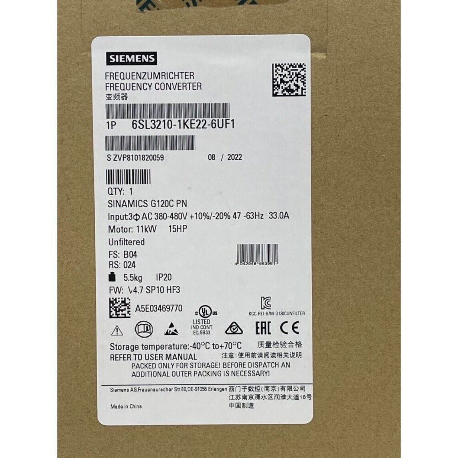 Siemens SINAMICS G120C Frequency Converter 6SL3210-1KE22-6UF1, industrial automation equipment, IP20.