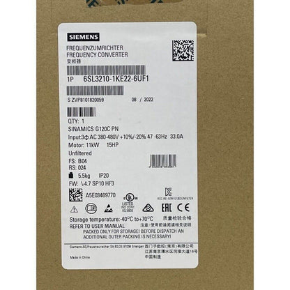 Siemens SINAMICS G120C Frequency Converter 6SL3210-1KE22-6UF1, industrial automation equipment, IP20.