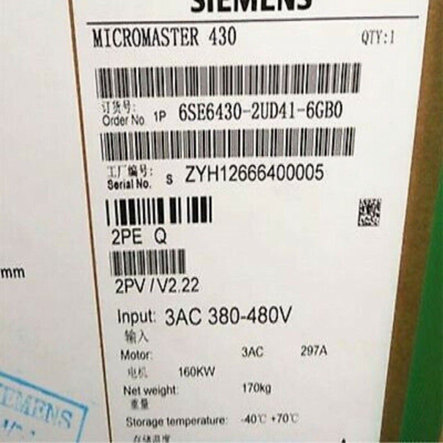 Siemens MICROMASTER 430, model 6SE6430-2UD41-6GB0, industrial automation part, Input 3AC 380-480V.