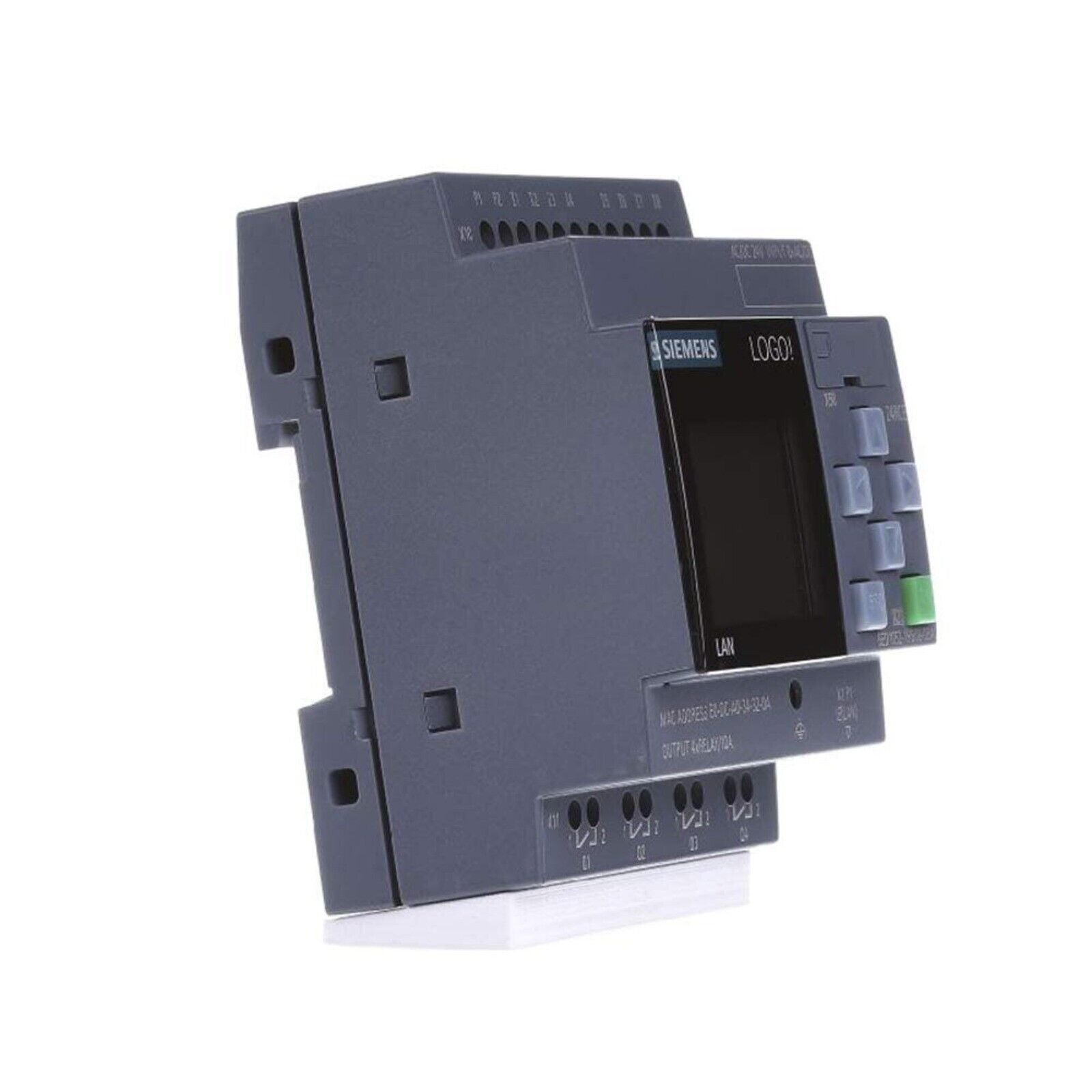 Siemens LOGO! industrial automation logic module. Features a display screen and control buttons. Gray unit.