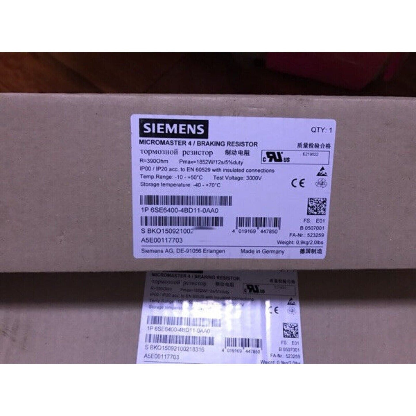 Siemens MICROMASTER 4 Braking Resistor 6SE6400-4BD11-0AA0, industrial automation part, Made in Germany