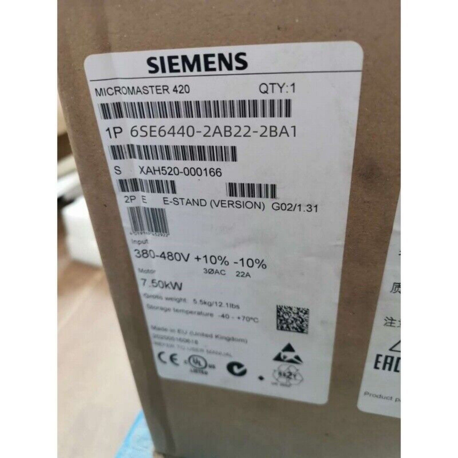 Siemens MICROMASTER 420 frequency converter, model 6SE6440-2AB22-2BA1, industrial automation part label, 7.50kW, 380-480V.