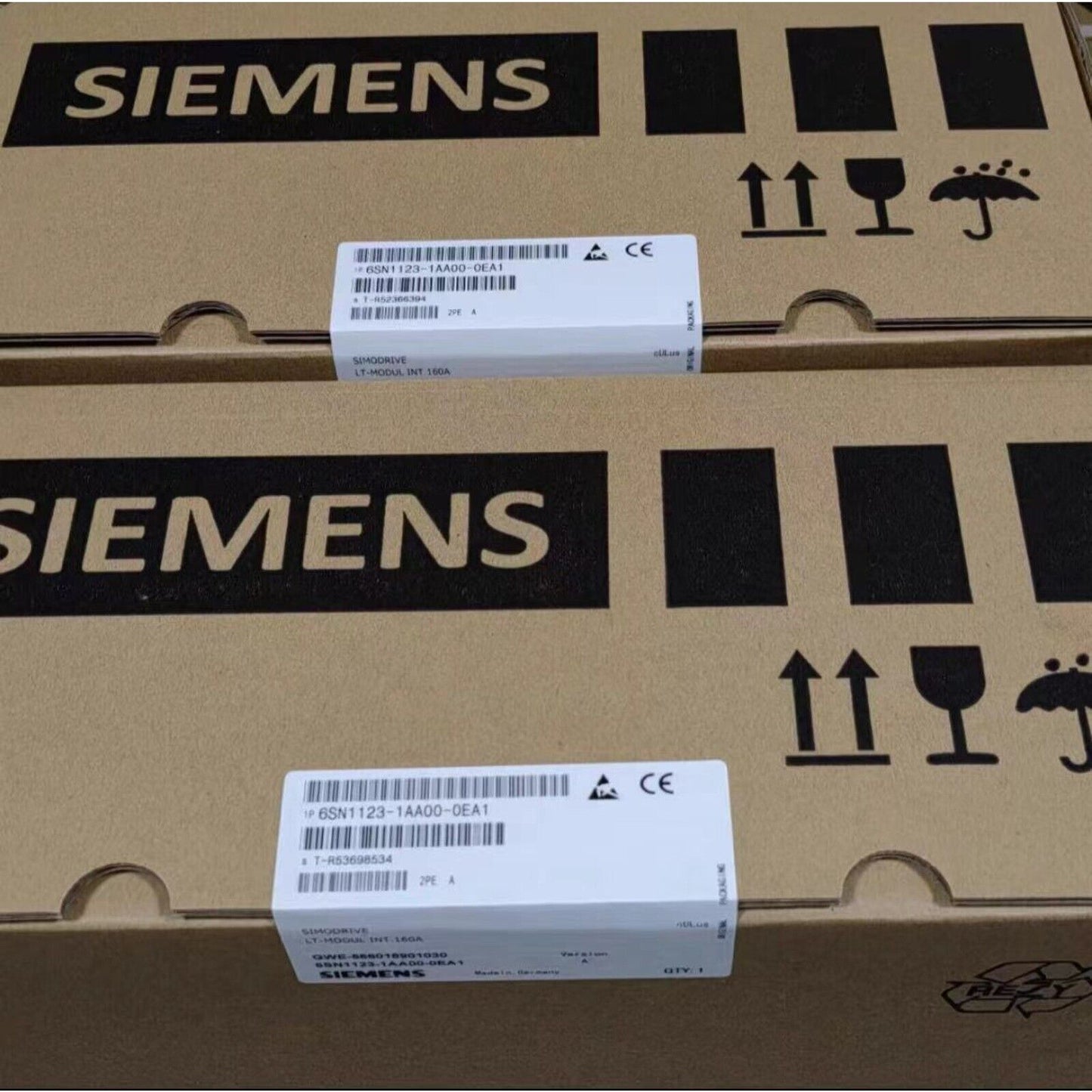 Siemens SIMODRIVE 611 power module packaging, model 6SN1123-1AA00-0EA1, industrial automation part, CE certified.