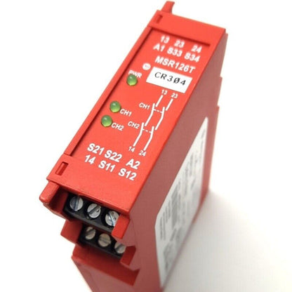Allen-Bradley MSR126T Safety Relay. Red industrial safety relay with indicators and terminal block for PLC systems.