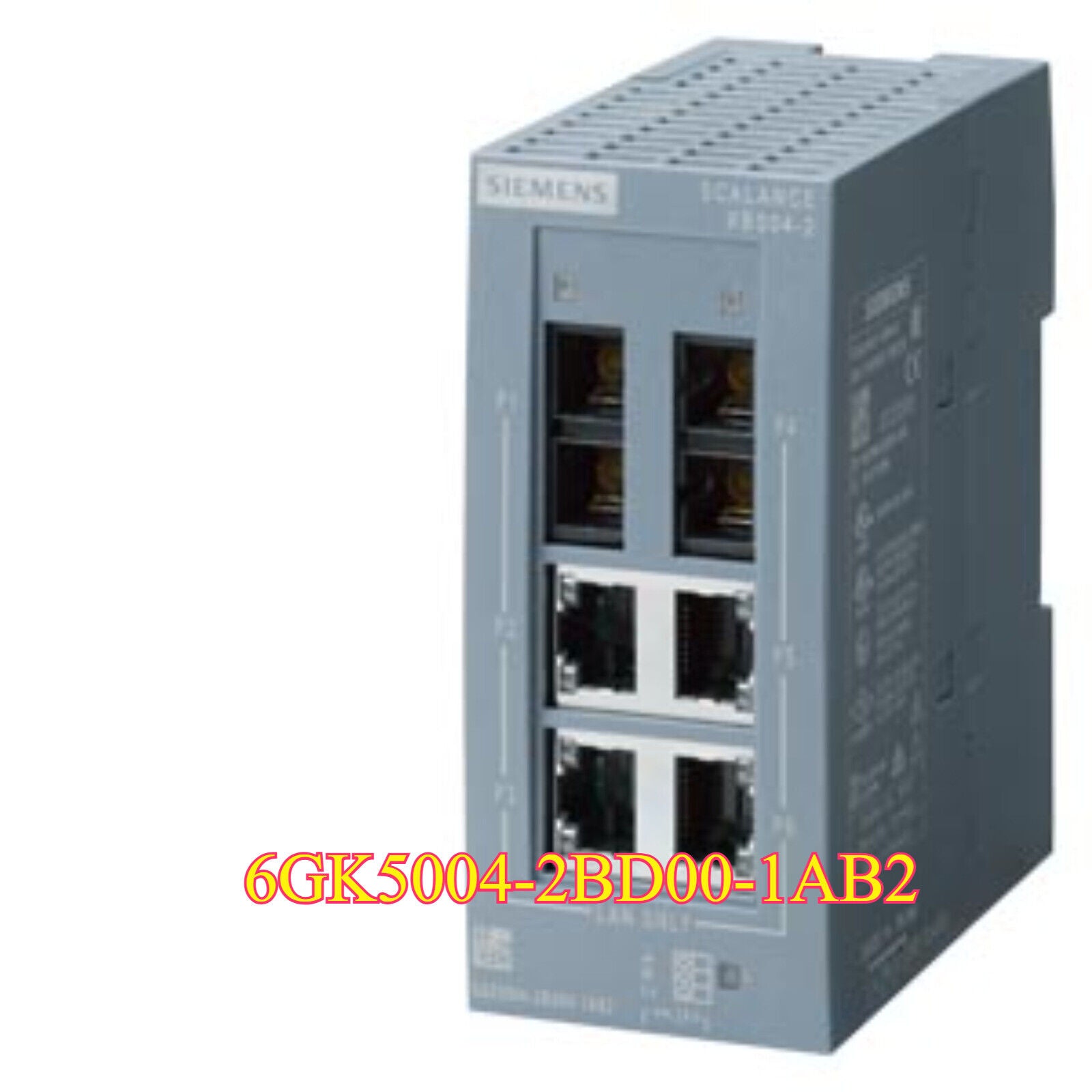 Siemens SCALANCE XB004-2 Industrial Ethernet Switch, 6GK5004-2BD00-1AB2, gray, with Ethernet ports.