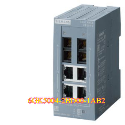Siemens SCALANCE XB004-2 Industrial Ethernet Switch, 6GK5004-2BD00-1AB2, gray, with Ethernet ports.