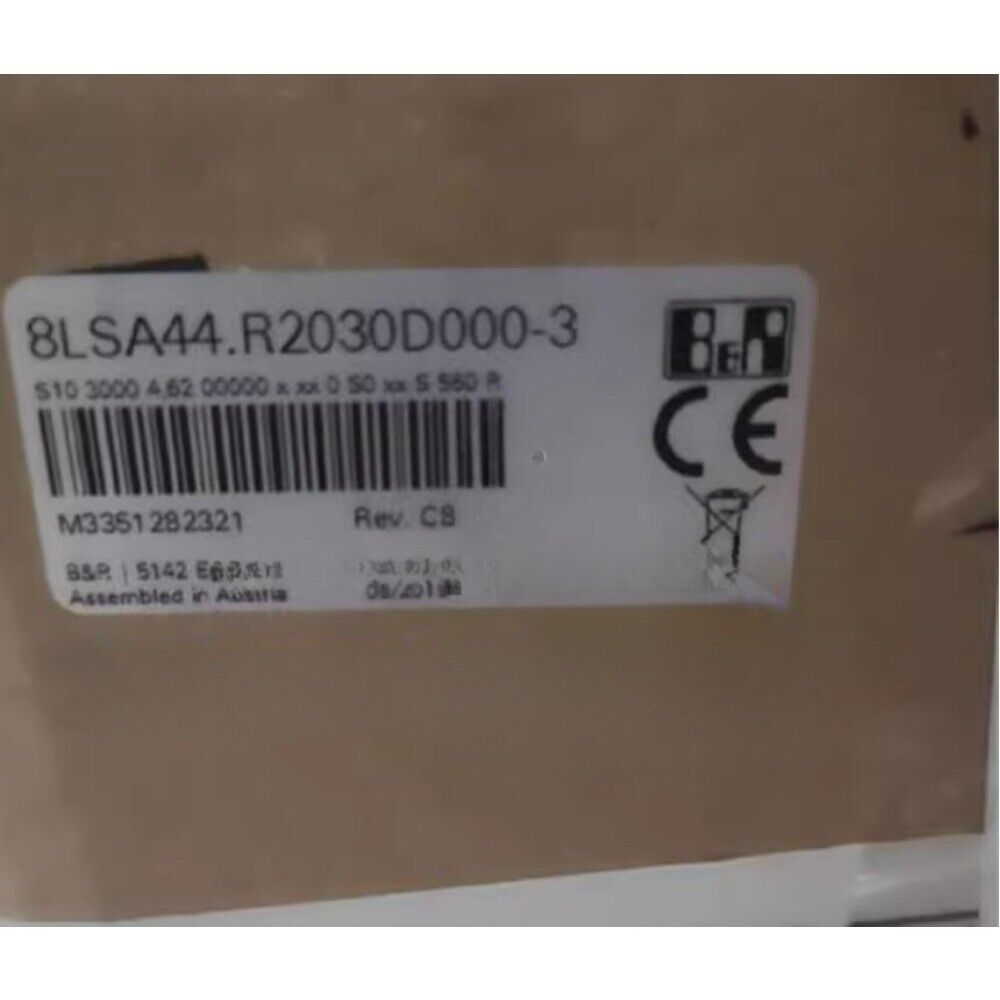 B&R servo motor model 8LSA44.R2030D000-3 label. Featuring serial number M3351282321 and CE mark, part of servo motor.
