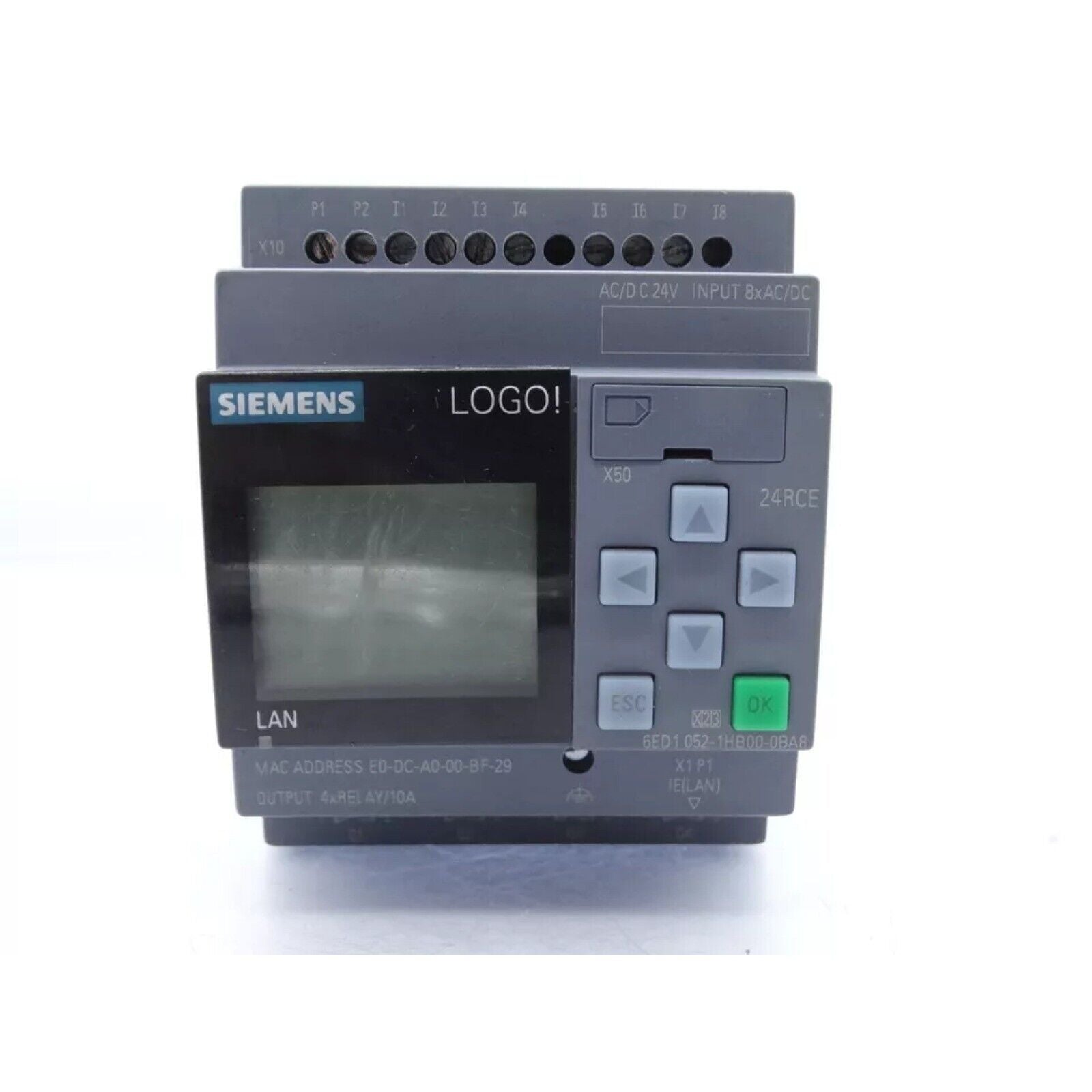 Siemens LOGO! 24RCE Logic Module, gray PLC controller with display and buttons for industrial automation.