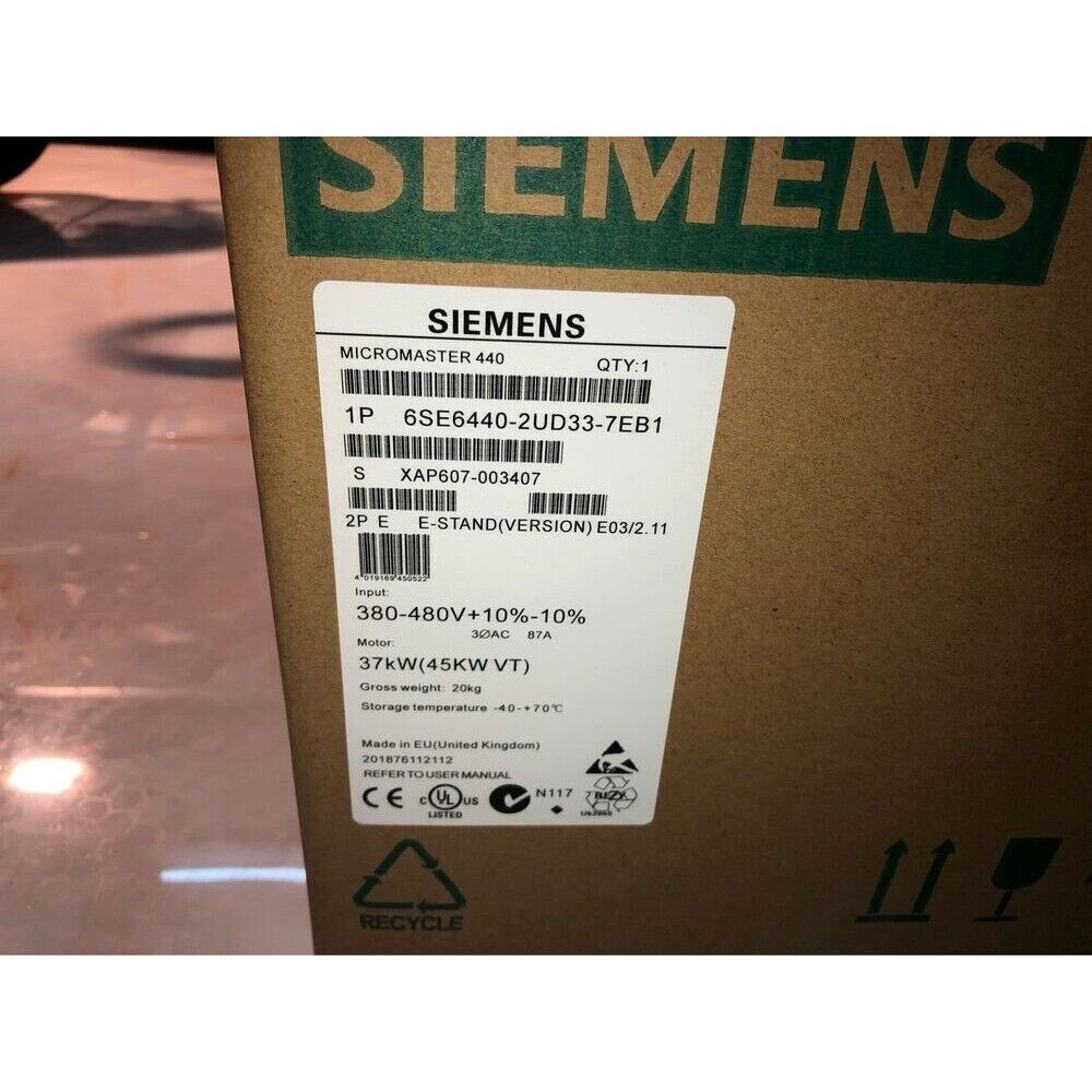 Siemens MICROMASTER 440 label, 6SE6440-2UD33-7EB1, industrial automation part, specifications.