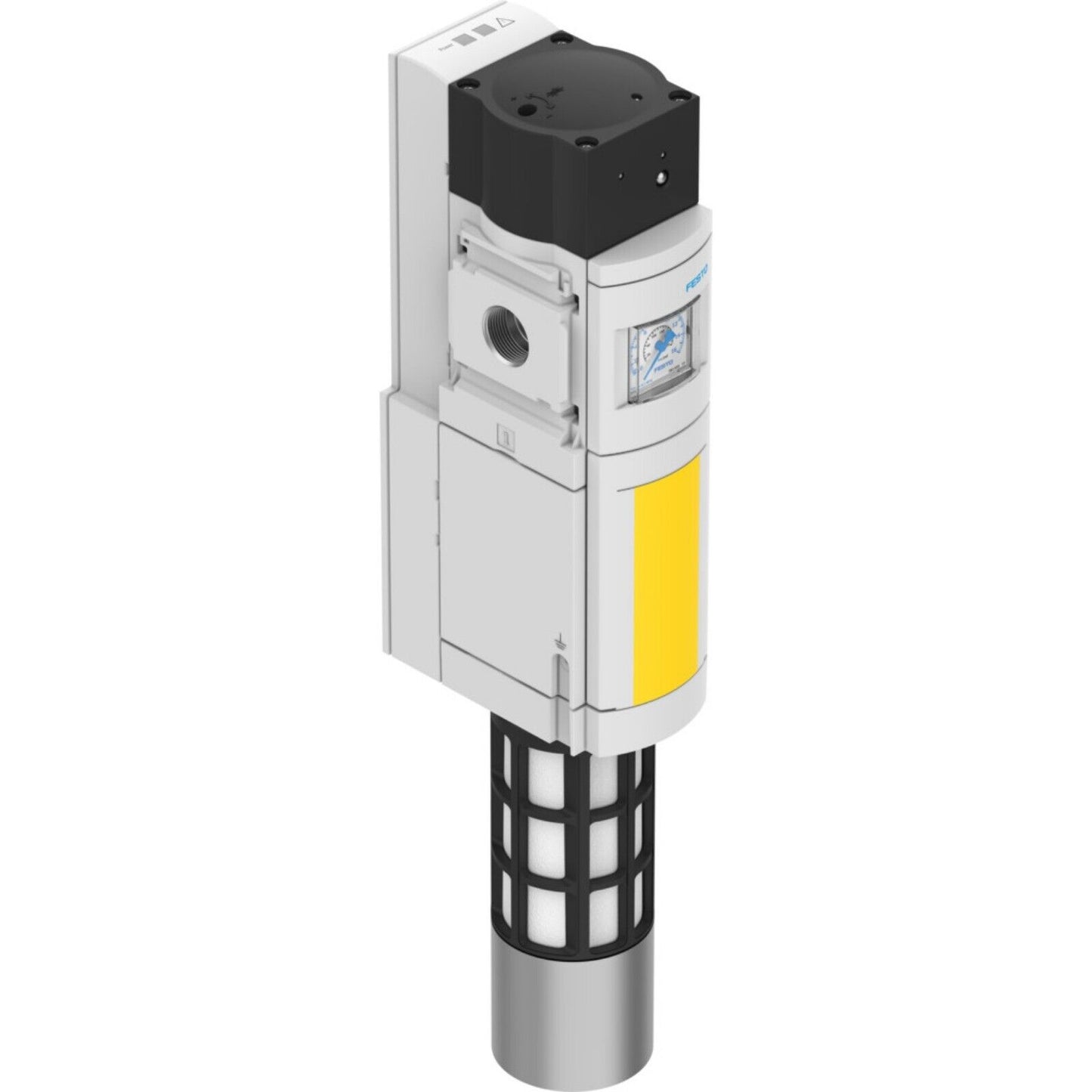 Festo MS6-SV-1/2-E-10V24-SO-AG vent valve. Industrial automation component with pressure gauge.