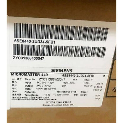 Siemens MICROMASTER 440 drive label, model 6SE6440-2UD34-5FB1, industrial automation part details.