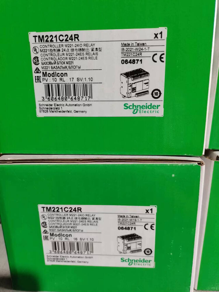 Schneider Electric TM221C24R PLC module, I/O module with relay output, Made in Taiwan.